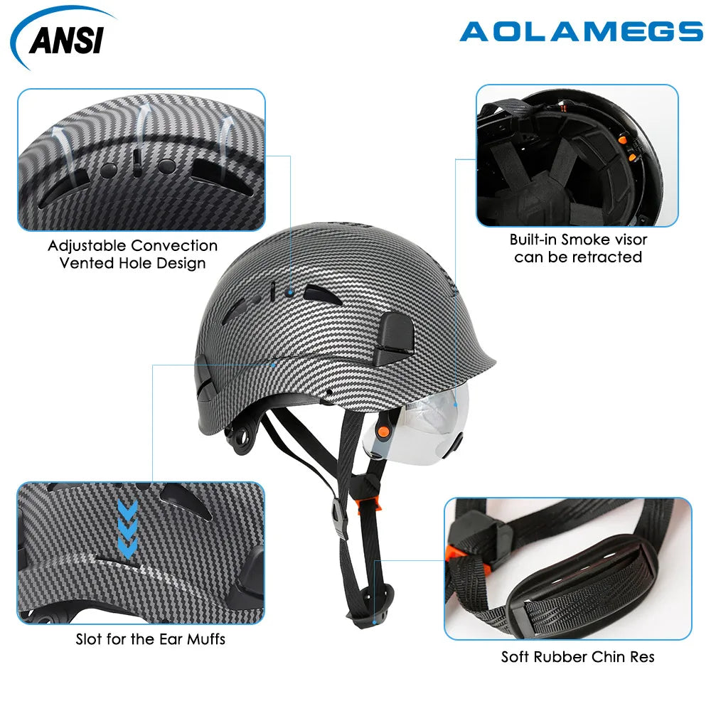 Casque de sécurité à motif en fibre de carbone avec cache-oreilles Gogumbunded intégrés, chapeau AtlanHard, casquette de Wora industrielle ANSI, protection de la tête