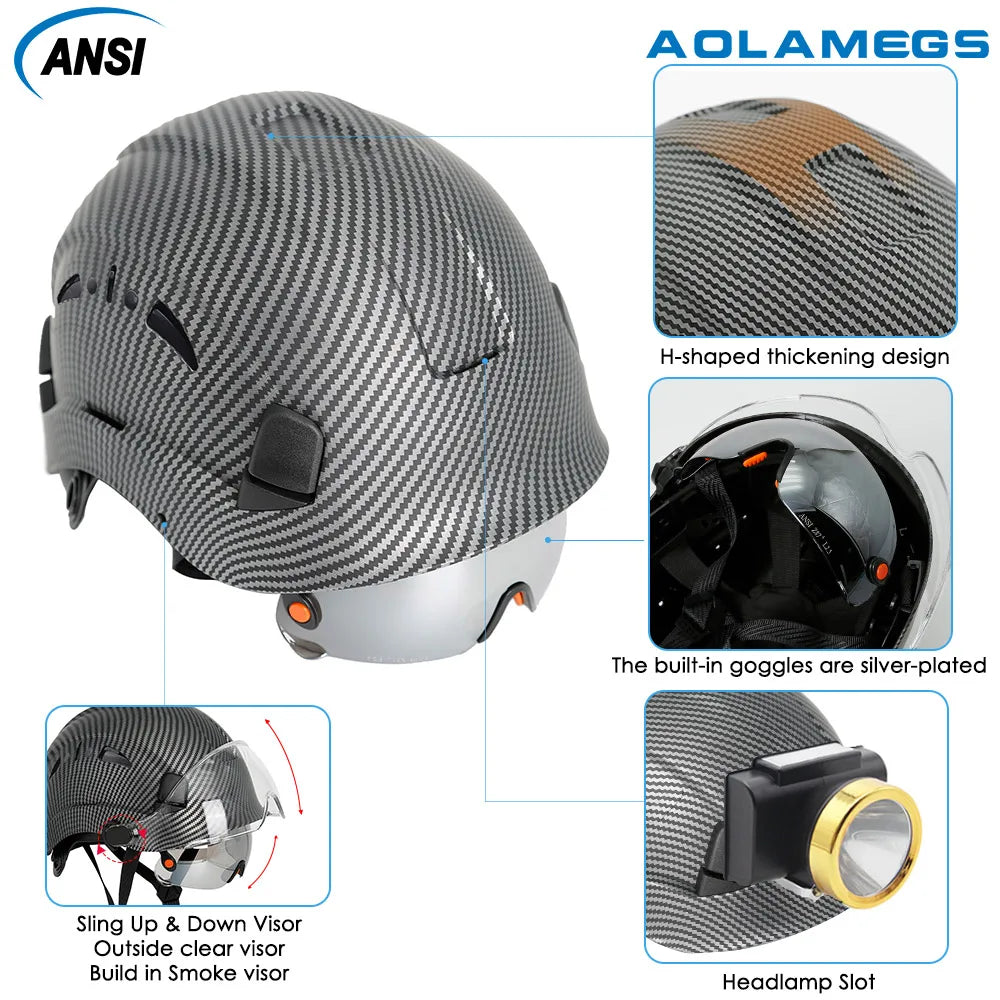 Casque de sécurité à motif en fibre de carbone avec cache-oreilles Gogumbunded intégrés, chapeau AtlanHard, casquette de Wora industrielle ANSI, protection de la tête