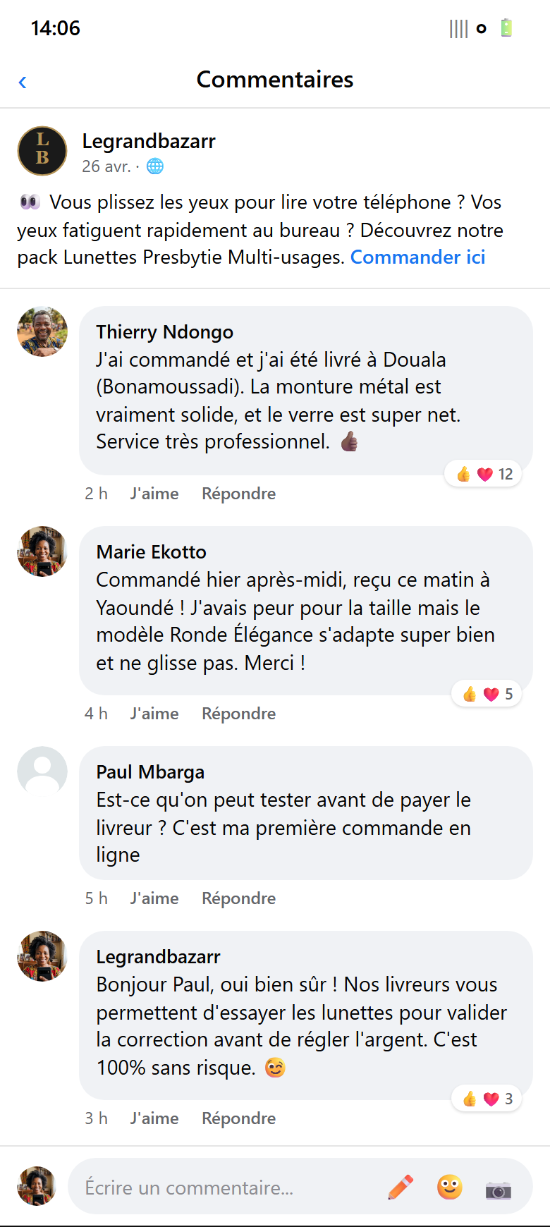 Commentaire client Facebook